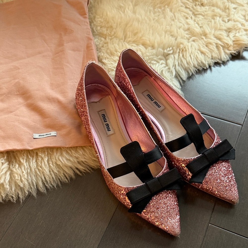 Miu Miu Sequin Pink Flats with Black Satin Bow